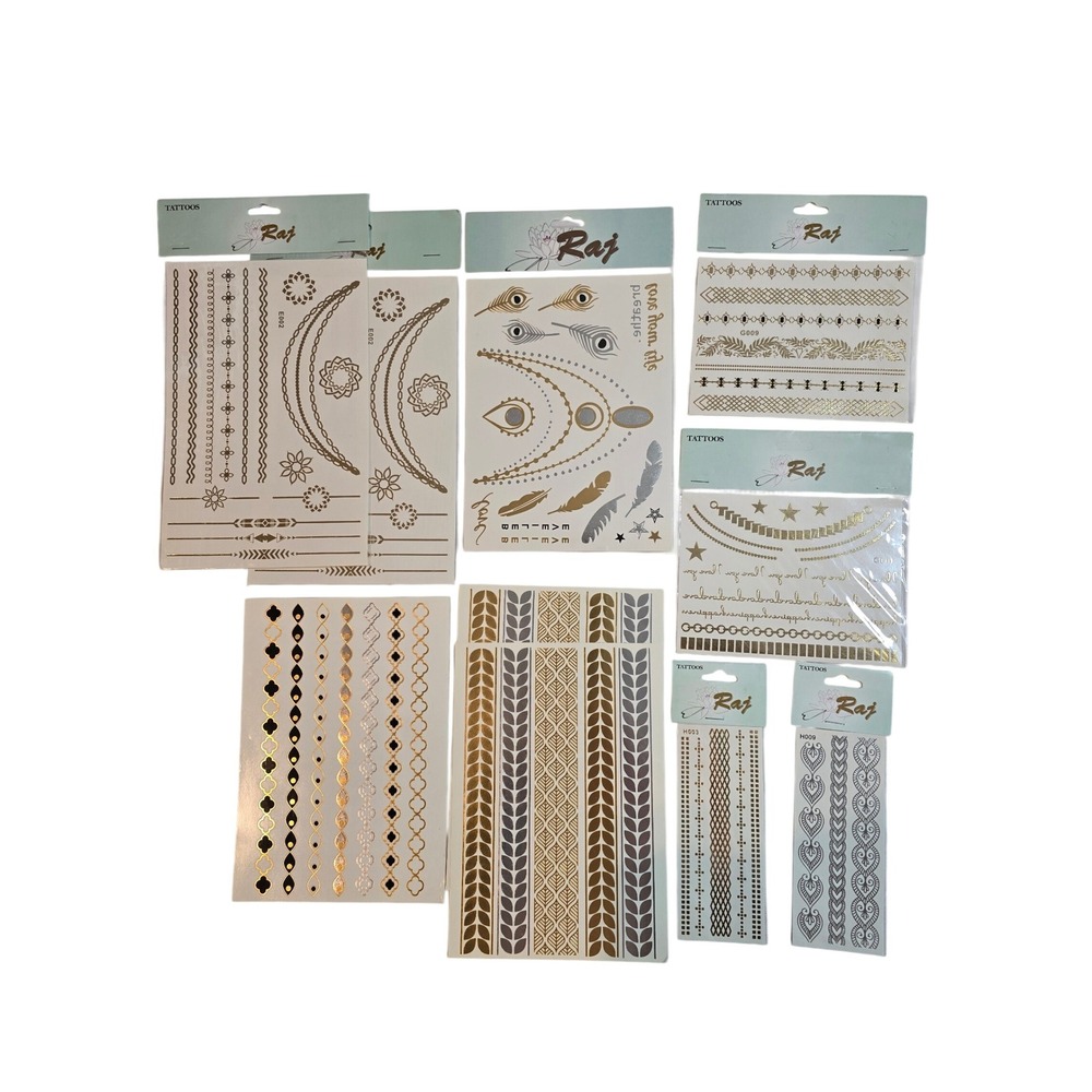 Raj‎ Tattoos Metallic Temporary Tattoos Gold Silver Moon Feather Stars Body Art